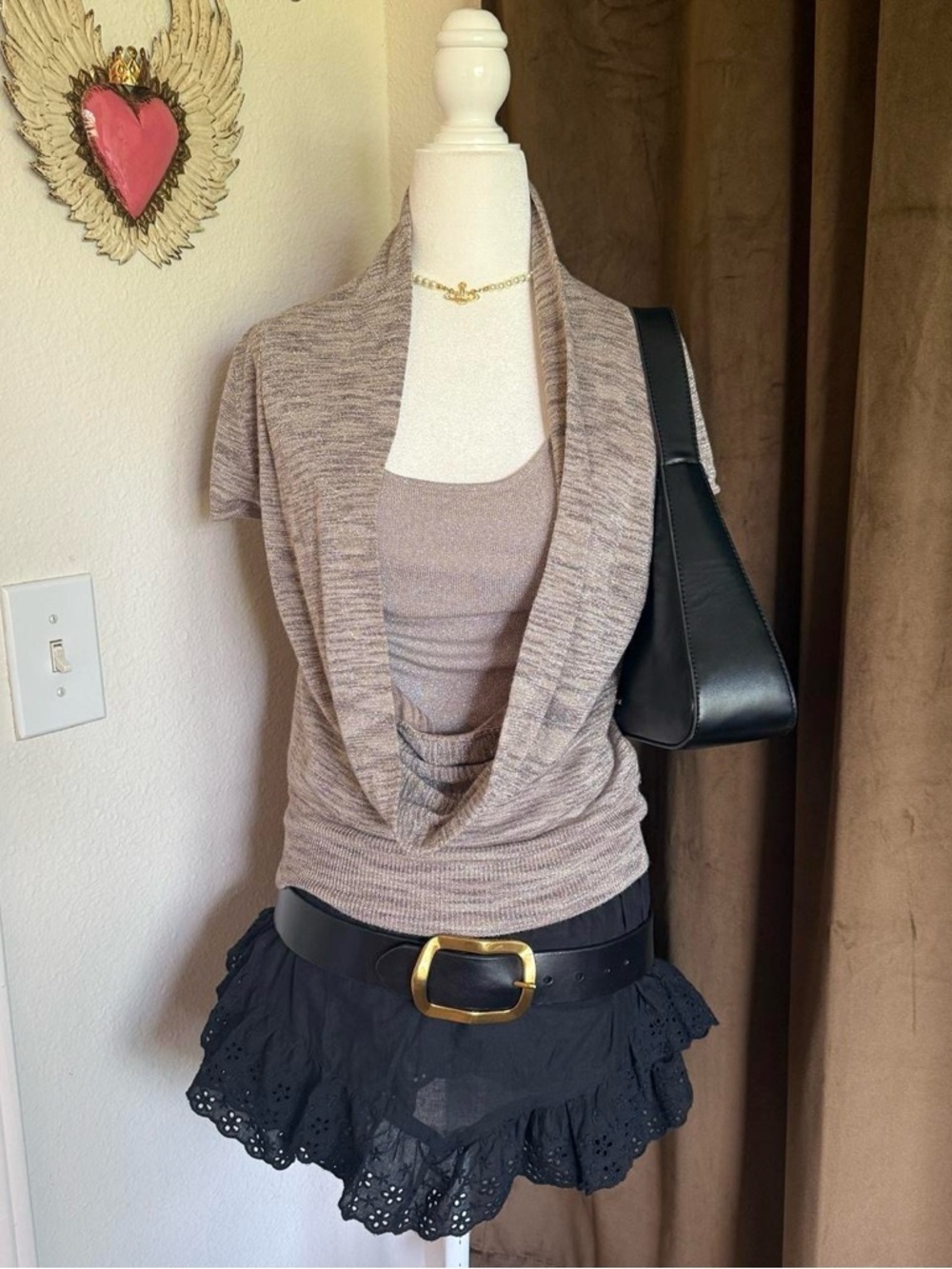 Sparkly Layered INC International Concepts Cowl Neck Short Sleeve Knit Top